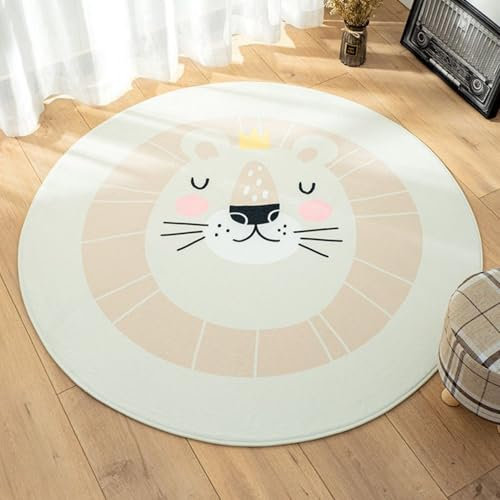 champracer Kinderzimmer Rund Spielmatte, Kinderteppich Rund Löwe Kopf, Wohnzimmer Babymatte,Teppich Kinder Schlafzimmer, Waschbarer rutschfest In- und Outdoor Teppiche (Beiger Löwe,100cm)