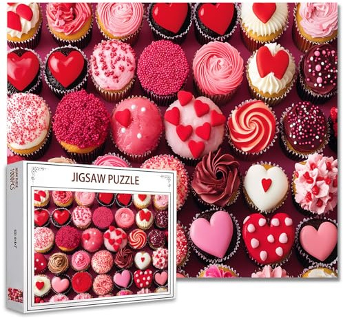 Vibrant Pink Red Cupcakes Jigsaw Puzzles 1000 Pieces for Adults, Colorful Valentine's Day for Lovers 20''x27''Inch Heart Love Cupcake Dessert Puzzle Art for Pink Dessert Puzzle Lovers
