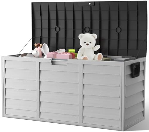 The Fellie Garden Storage Box with Wheels, 290L Lockable Outdoor Storage Box Waterproof, Plastic Garden Storage Box for Garden Tools, Cushions, Toys, 112x49x54cm, Light Grey