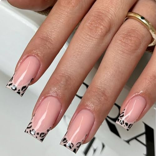 GlamRays Press on Nails Medium Square French Tip False Nail with Designs Leopard Pattern Deep Sea Felis Pattern Nail Shiny Adhesive Nail Pack of 24