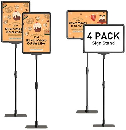 Porte Affiche A4 Stands de Présentoirs - Lot de 4 Présentoirs d'information - Porte menu Restaurant - Presentoir A4 sur Pied 360 Degrés Réglable Idéal pour Entreprise, Bureau, Restaurant (Noir)