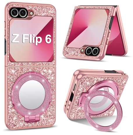 Fiyer Custodia per Samsung Galaxy Z Flip 6, con glitter e brillantini, per Samsung Z Flip 6 5G, con supporto a specchio, magnetica, antiurto, per Galaxy Z Flip 6 Cover (oro rosa)