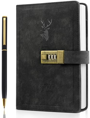 ZeriLion 240 Pages A5 Lock Journal Retro PU Leather Locking Diary Notebook - Combination Locked Journal for Privacy - Diary Notebook for Men Women Teens Boys - Black