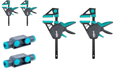 wolfcraft 4 Einhandzwingen PRO - Spannkraft 150 kg -Die komfortable Zwinge für den Allroundeinsatz - 150 mm Spannweite Connector Set 2 tlg. Zum Verbinden von Einhandzwingen
