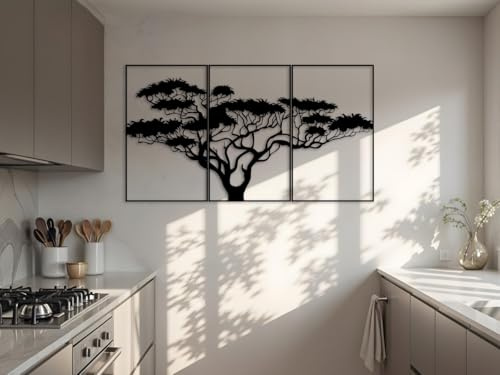 Kajaro Bonsaibaum Wandbild Holz 3-teilig, 1500x800 mm, selbstklebend | Gratis: zweites kleineres Bild. Selbstklebende Holz-Wanddeko in Metalloptik, einfache Montage ohne Bohren.