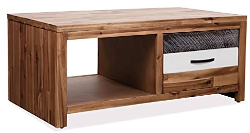 KTHLBRH Couchtisch aus massivem Akazienholz, Couchtisch, Massivholz, Akazie, Schublade, Regal, Dekoration für Wohnzimmer, 90 x 50 x 37,5 cm