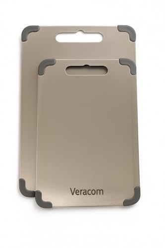 Veracom Set 2 Pezzi Taglieri Acciaio Inox 304 Alimentare Antiscivolo – Igienici e Lavabili in Lavastoviglie – Taglieri per Carne, Verdure e Pane – Certificato MOCA - Spessore 1,5mm