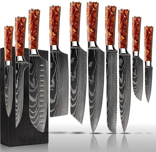 FIVE COWS Messerblock Set, mit 10-teilige, Harzgriff, Kitchen knife Set mit Kochemesser, Brotmesser, Santokumesser, Schälmesser, Damast-Muster, Profi Kochmesser Set Geschenkbox (Rot)
