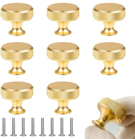 ZHUOmengyun 8 Pcs Gold Knurled Cabinet Knobs, 24x26mm Round Drawer Knob
