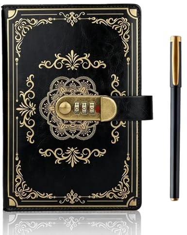 SIMDAO Vintage Leather Journal Notebook with Lock, A5 Lined Pages Locked Journal with Pen, Secret Notebook with Combination Passwords, Notebook Gift for Men and Women,100Sheets/200Pages (Black)