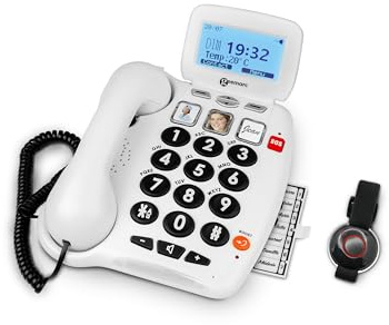 Geemarc Serenities 100 - Verstärktes schnurgebundenes Telefon und wasserfestes SOS-Armband mit großen Tasten und starkem Klingelton für ältere Menschen - Geringer bis mittlerer Hörverlust