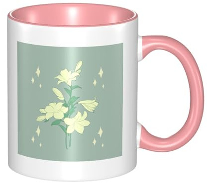 SMAZDFXX Cartoon White Lilies Printed Ceramic Pink Mug with Curved Handle, Suitable for Office and Everyday Drinking.
