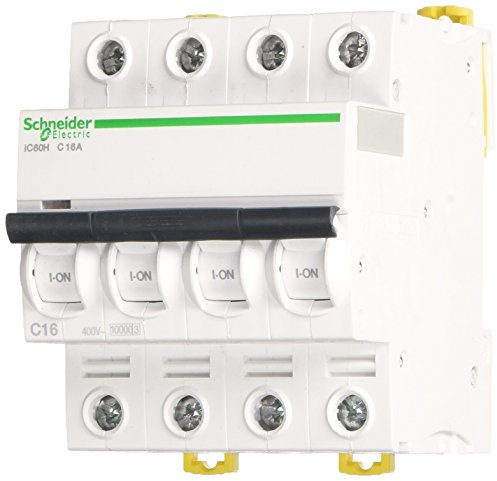 Schneider Electric A9F84416 IC60H Leitungsschutzschalter, Acti9, Krümmung C, 4P, 85 mm Höhe x 72 mm Breite x 78,5 mm Tiefe 16 A Strom 50/60 Hz, Weiß