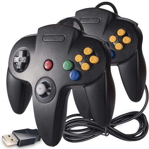 Lot de 2 Classique Nintendo 64 N64 contrôleur USB, Kiwitatá rétro N64 Bit Filaire USB PC Manette de Jeu pour PC Windows et Mac rétro Pie Noir