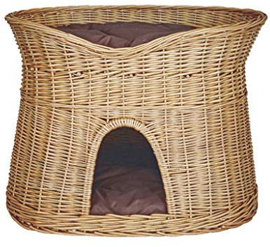 Katzenkorb zum Schlafen – Katzenhütte Indoor – Größe L: 60 cm oval – Katzenhöhle aus Weide – Zweistöckiger Hunde – oder Katzenbett mit waschbaren Kissen in Brown – Natürliche Korbfarbe