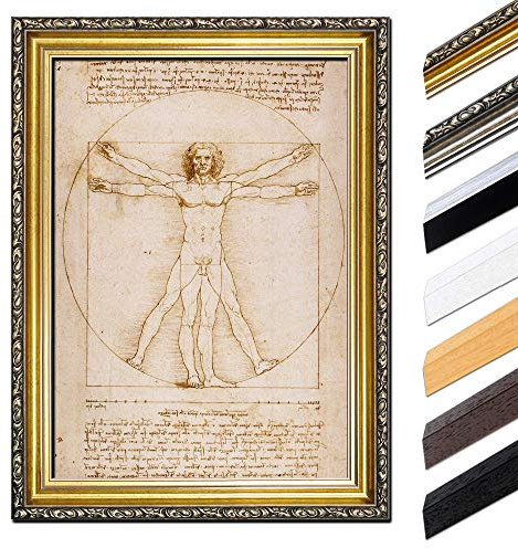 Bilderdepot24 Bild mit Rahmen - Leonardo da Vinci Vitruvianischer Mensch 60x80 cm - Gerahmtes Leinwandbild Alte Meister - Antiker Rahmen Gold Barock, Klassisch