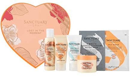 Sanctuary Spa Gift Set, Lost In The Moment Vegan Beauty Gift Box With Face Mask, Hand Cream, Foot Cream, Salt Scrub, Body Butter and Bubble Bath For Women, Her, Birthday