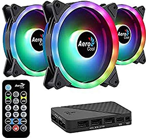 Aerocool Duo 12 Pro Pack – 3 x ARGB Fans 120mm, 1 x H66F RGB Fan Hub, Remote control, Double RGB LED Ring and 18 LEDs, Includes 6-pin connector, Curved Blades and Anti-Vibration Pads, 12v Fan, Black