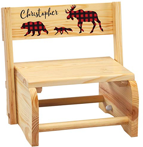 Custom Children's 2-in-1 Step Stool and Chair, Natural Wood, Buffalo Plaid Design with Custom Name
