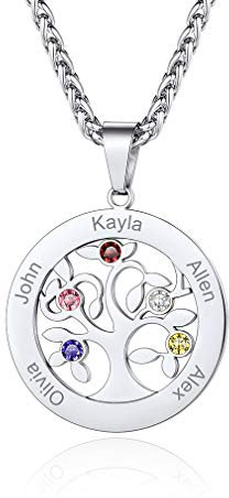Custom4U Collier Argent 925 Femme 5 Prénoms Gravé avec Pierre de Naissance Pendentif Arbre de Vie