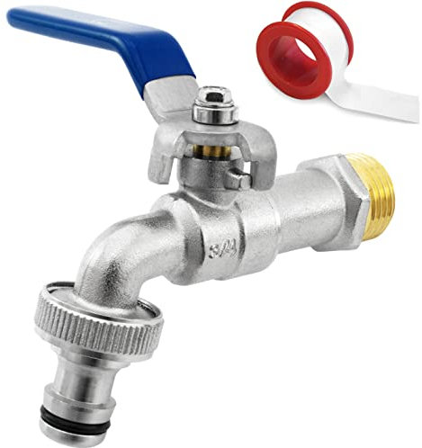 SHYNE Premium 3/4 Zoll Wasserhahn aus Messing rost- und frostsicher + Gratis Schlauchanschluss + PTFE Band + E-Book | für Garten, Waschmaschine, Regentonne (2er Pack)