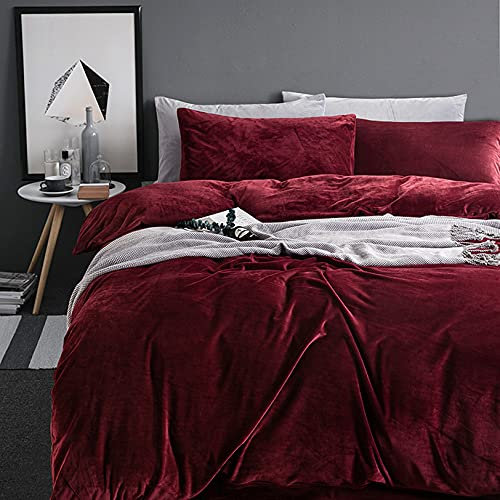 Michorinee Winter Plüsch Bettwäsche Set 220x240 Cashmere Touch Flauschig & Warme Coral Fleece Uni Bettbezug mit Reißverschluss - Weinrot | 220 x 240 cm + 2 x 80 x 80 cm