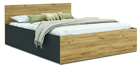 FurnitureByJDM Bett 140x200 mit Stauraum – Doppelbett mit Bettkasten und aufklappbarem Lattenrost – Modernes Stauraumbett mit Liftfunktion (Grau/Eiche Craft)