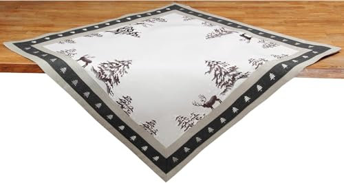 Weihnachten - Winter - Hirsch Stickerei Leinenoptik Polyester Mitteldecke ca. 85 x 85 cm, Grau - Weiß