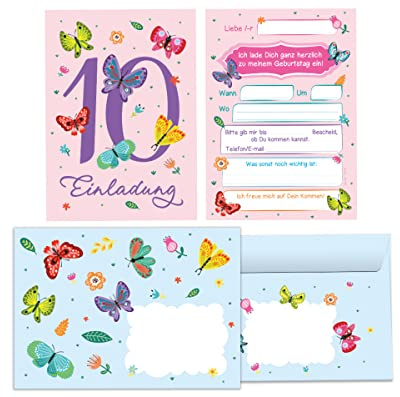 Junapack 12 Einladungskarten incl. 12 Umschläge zum 10. Kindergeburtstag zehnte Geburtstag Mädchen Schmetterlinge