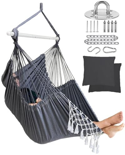 MIZTLI Hängesessel Hängesessel Schaukel XXL große Makramee Schaukel - Max 227 kg - 2 Kissen & alle Aufhängesets enthalten