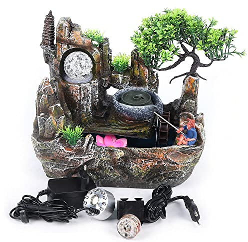 Zimmerbrunnen mit LED-Licht und Pumpe, Tisch Wasser Kugel Spiel RGB Farbwechsel Leuchte Dekoration, Tischplatte Garten Brunnen Steingarten Wasserfall Pflanze Vernebler