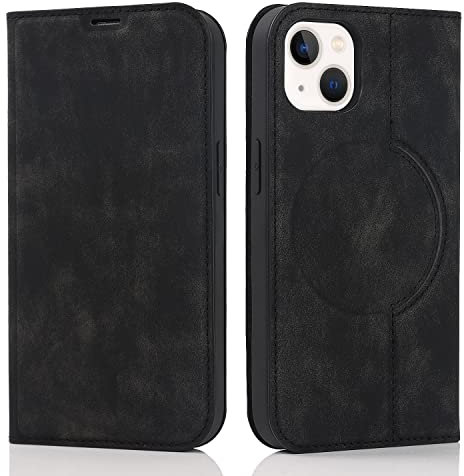 QLTYPRI Wallet Case for iPhone 13 (6.1 inch) Compatible with Magsafe Charger, Magnetic Flip Folio PU Leather Phone Case with RFID Blocking Card Holder Slots Kickstand Shockproof Cover - Black