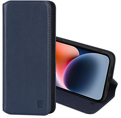 32nd Classic Series 2.0 - Real Leather Book Wallet Flip Case Cover For Apple iPhone 14 (6.1), Real Leather Design With Card Slot, Magnetic Closure and Built In Stand - Navy Blue