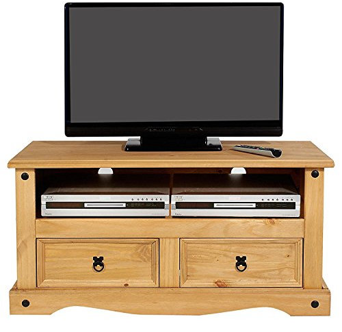 Mews Corona TV Stand 2 Drawer Flat Screen Television Unit Mexican Solid Pine, P2101-CR, 95 cm x D 43 cm x H 51 cm
