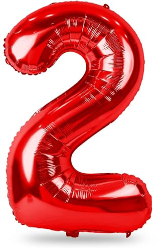 Red 2 Balloons, 40 Inch Giant Helium Foil Number 0-9 for Girls Boys, Self Inflating Digit 2nd Birthday Balloon for Women Men Anniversary Baby Shower New Year Engagement Party Decorations Supplies