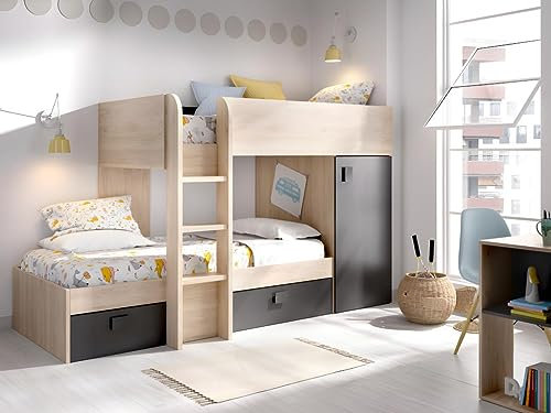 Vente-unique - Etagenbett Ricardo wendbar - 2 x 90 x 190 cm - integrierte F‰Cher - Eiche und Anthrazit + Matratze