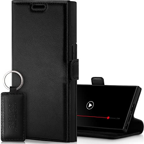 SURAZO Slim Magnet Handyhülle für Samsung Galaxy S23 Ultra Hülle Leder – Klappbare Echtleder Schutzhülle [Kartenfach, RFID Schutz, Keyring] Klapphülle Wallet Case Cover Lederhülle (Dakota Schwarz)