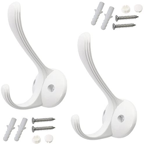 AERZETIX - C64371 - Lot de 2 Patères murales doubles 105x65x75 mm entraxe 36 mm - crochet/cintre porte-manteau chapeau peignoir salle de bain serviette douche WC - en métal - couleur blanche