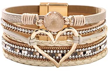 KunBead Jewelry Heart Leather Wrap Bracelets for Women Handmade Braided Boho Multilayer Magnetic Buckle Bracelet Wristband Cuff Bangle Birthday Gifts