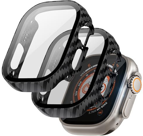 LINTEKER für Ultra 3 (2025)/ Ultra 2 / Ultra 49mm Hülle mit Glas Displayschutz, [2 Stück] Hard Schutzhülle kompatibel mit Apple Watch Ultra 49mm, HD Klar, Stoßfeste Schutzhülle für iWatch, Kohlefaser