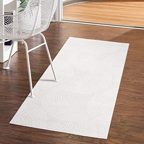 carpet city Teppich Flur 80x150 cm - Weiß - Kurzflor, 3D-Effekt, Glanzgarn - Geo-Muster, Kreise - Moderner Teppich-Läufer Schlafzimmer, Wohnzimmer, Esszimmer