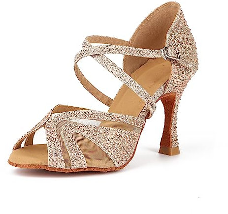 Syrads Scarpe da Ballo Latino Salsa Donna Scarpe da Ballo da Sala Tango Valzer Kizomba Bachata Danze al Coperto,Oro 9cm Heel,40 EU
