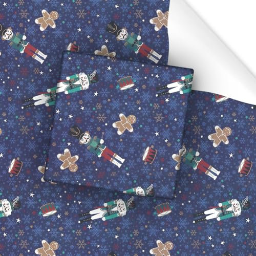 Nussknacker- und Lebkuchenmann-Geschenkpapier, Weihnachts-Geschenkpapier für Männer, Frauen, Kinder, 4 Bögen marineblaues Geschenkpapier, für Weihnachten oder Geburtstag