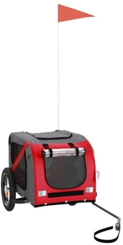 vidaXL Fahrradanhänger für Hunde, Hundeanhänger mit Reflektoren Flagge, Hundetransporter Maximale Belastbarkeit 30kg, Rot Grau Oxford-Gewebe Eisen