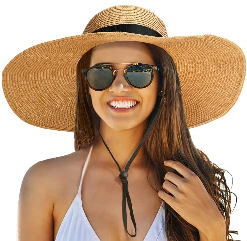 Straw Hat Women's Foldable Sun Hats - Boho Wide Brim Beach Hats, Floppy Straw Paper Visor Hats (Dark Khaki)