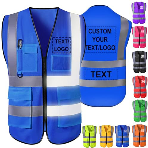 Akmxem Personalisierte Warnweste Aufdruck mit Text oder Logo und Mehreren Taschen Warnschutz Arbeitsweste Sicherheitsweste mit Bedruckbare