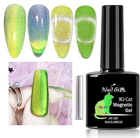 NAILGIL Cat Eye Gel Nail Polish with Magnet, Smooth Wide Cat Eyes Gel Polish Galaxy Soak off Holographic Cats Eye Gel Polish Magnetic DIY at Home-Jelly Yellow and Green