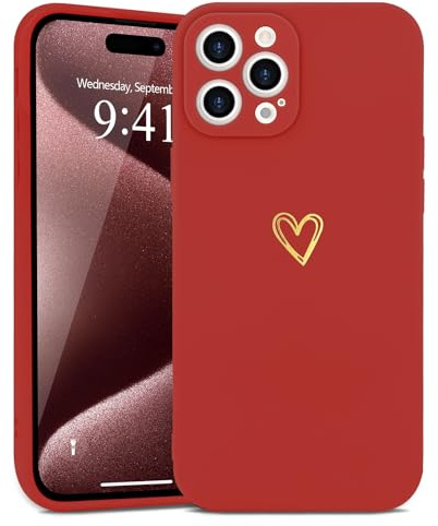 Wirvyuer for iPhone 15 Pro Max Cute Heart Case for Women, Bright Red | Skin-feel Soft Silicone, Love-Heart Pattern Design Phone Case, Shockproof Protective Slim TPU Bumper Cover for Girls