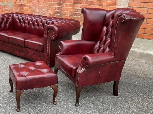 Casa Padrino Luxus Chesterfield Leder Ohrensessel mit Hocker Bordeauxrot