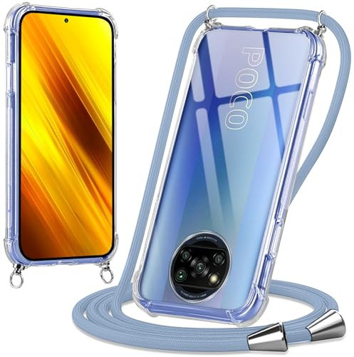 Oelrstfe handyband für Xiaomi Poco X3/X3 NFC (4G) Hülle, Necklace mit Band Handyhülle für zum Umhängen, Transparent Case mit Schnur Handykordel, Stoßfeste Bumper Handy Schutzhülle Cover, Milky Grey